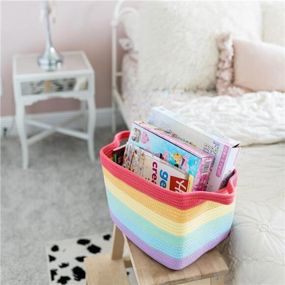 Woven Toy Basket Storage for Kids Room, Rectangular Basket for Shelves, Cotton - Picture 5 of 7